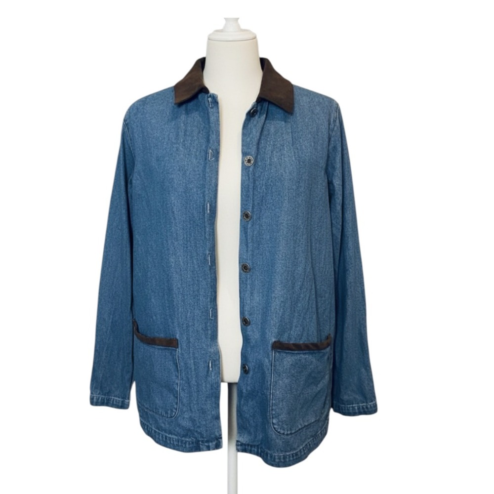 DENIM & CO. Blue Denim Jacket BROWN FAUX SUEDE COLLAR Pockets Button-Up SIZE S